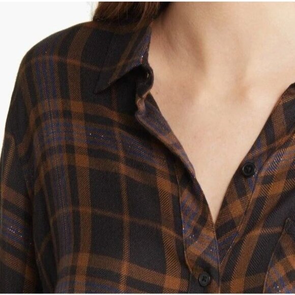 Rails Womens Medium Hunter Camel Black Lurex Plaid Shirt Metallic Button Up Top - Picture 4 of 12